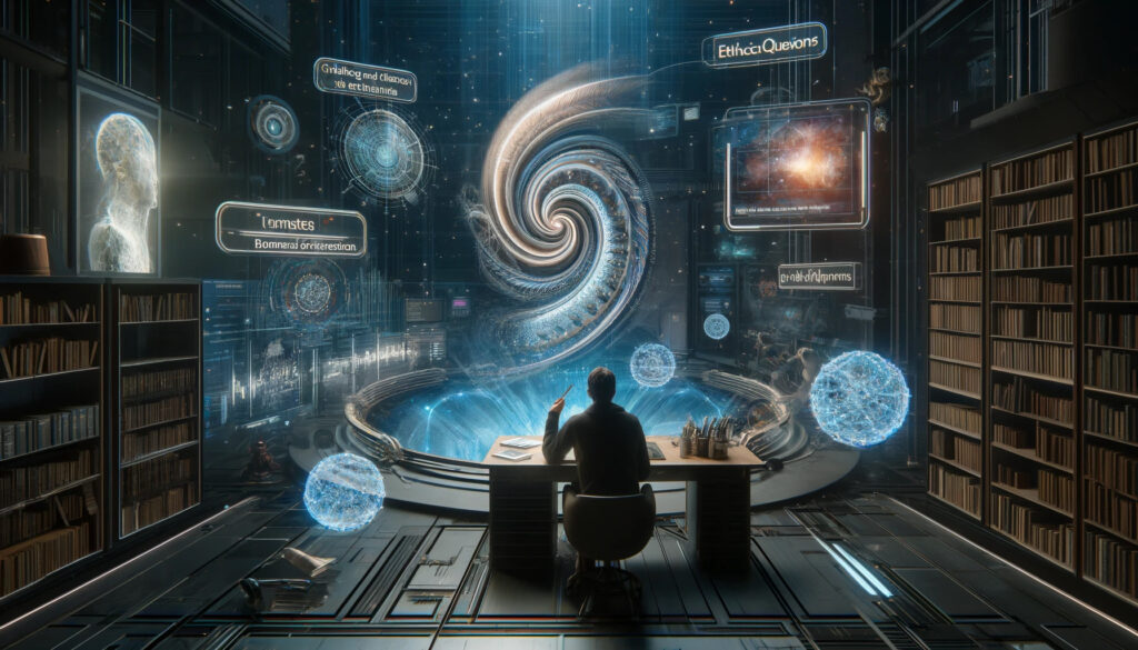 A conceptual scene in a futuristic setting illustrating 'Challenges and Dilemmas of Interaction' between humans and AI in literature. The image featur