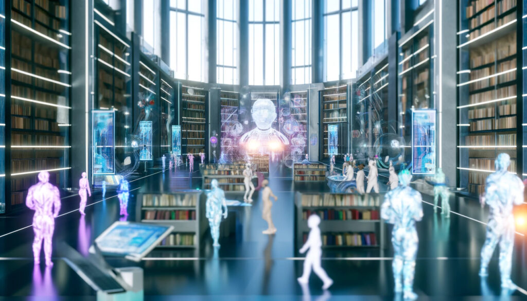 A digital and human fusion in a futuristic library setting, representing a harmonious blend of creativity and algorithmic efficiency. The scene includ