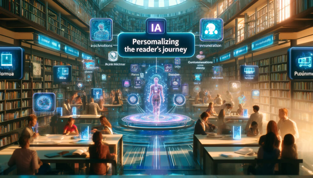 A futuristic library scene depicting 'IA_ Personalizing the Reader's Journey'. The setting is a modern, vibrant library with readers of diverse backgr