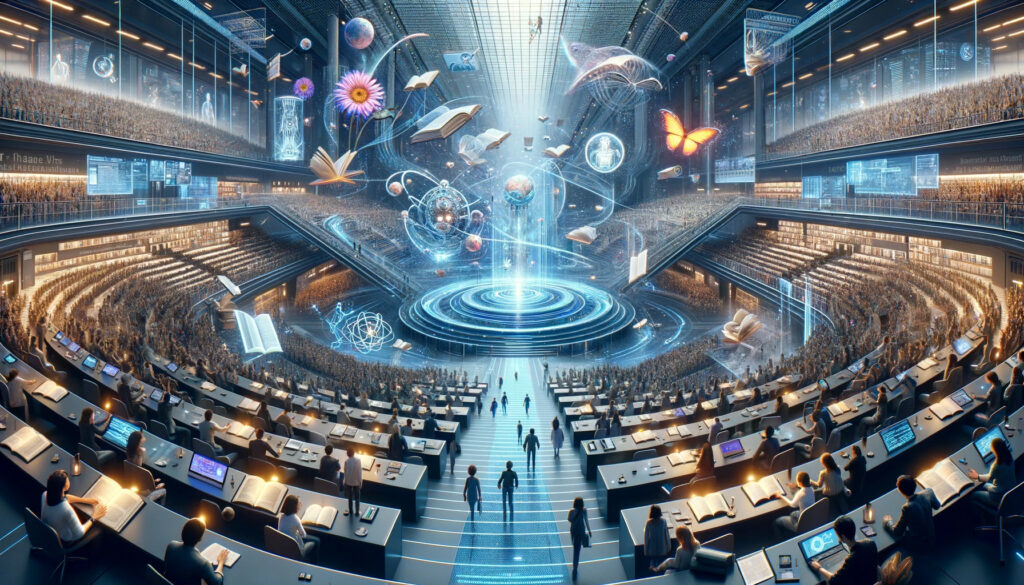 A visionary scene depicting 'Concluding the Literary Journey of Tomorrow'. The setting is an expansive, futuristic auditorium filled with authors, rea