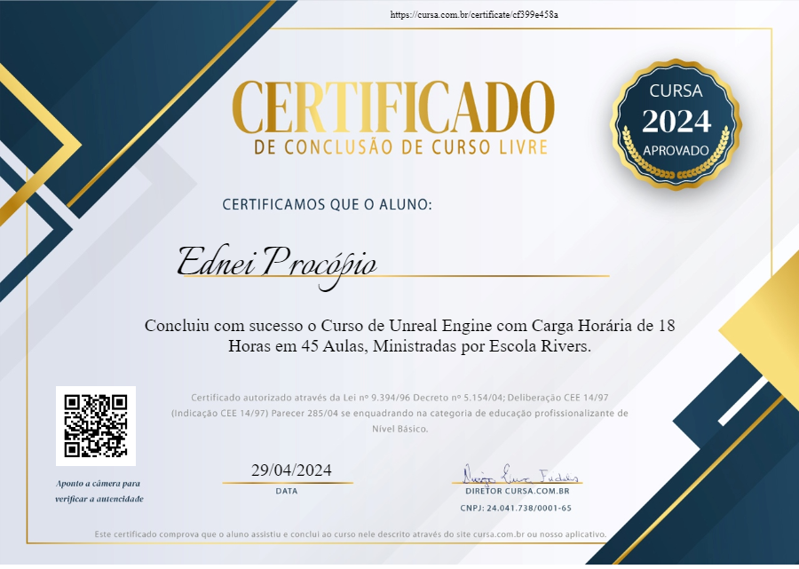 Certificado de Curso "Unreal Engine" (Criação de Games), na Escola Rivers (Escola de Games e Design) | via CURSA