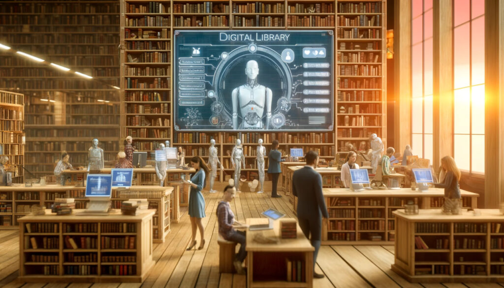 Essa imagem foi criada com DALL-e à partir do seguinte prompt: "Digital Library with Artificial Intelligence"