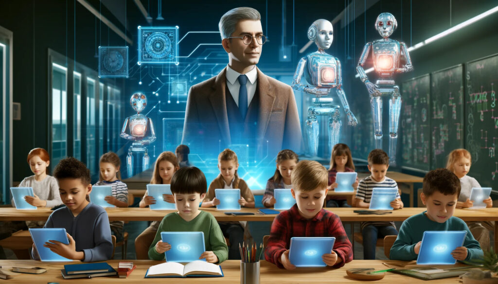 Essa imagem foi criada com DALL-e à partir do seguinte prompt: "Educational eBooks and Artificial Intelligence"