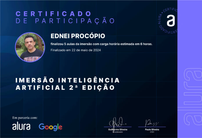 Certificado de Imersão Inteligência Artificial (Com Google, via Alura)