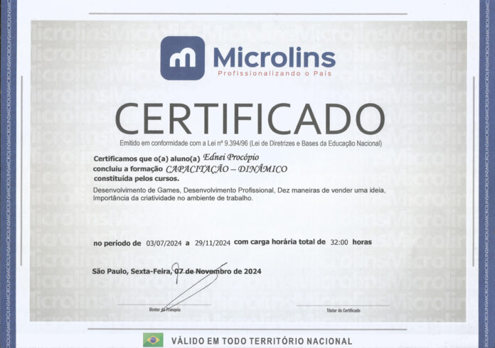 Certificado | Curso Desenvolvimento de Games (via Microlins)